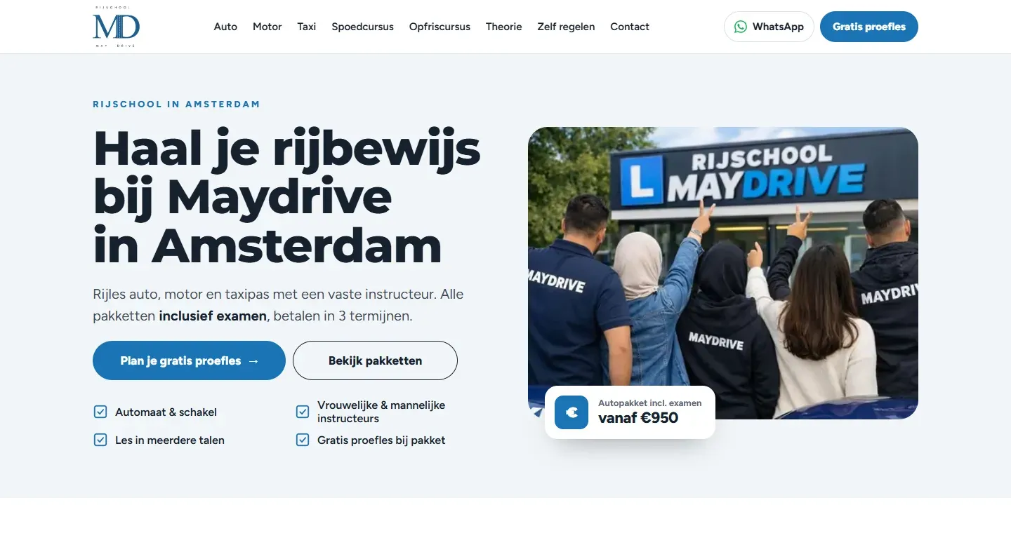 Rijschool Maydrive — Rijschoolwebsite met pakketten, prijzen en lokale SEO