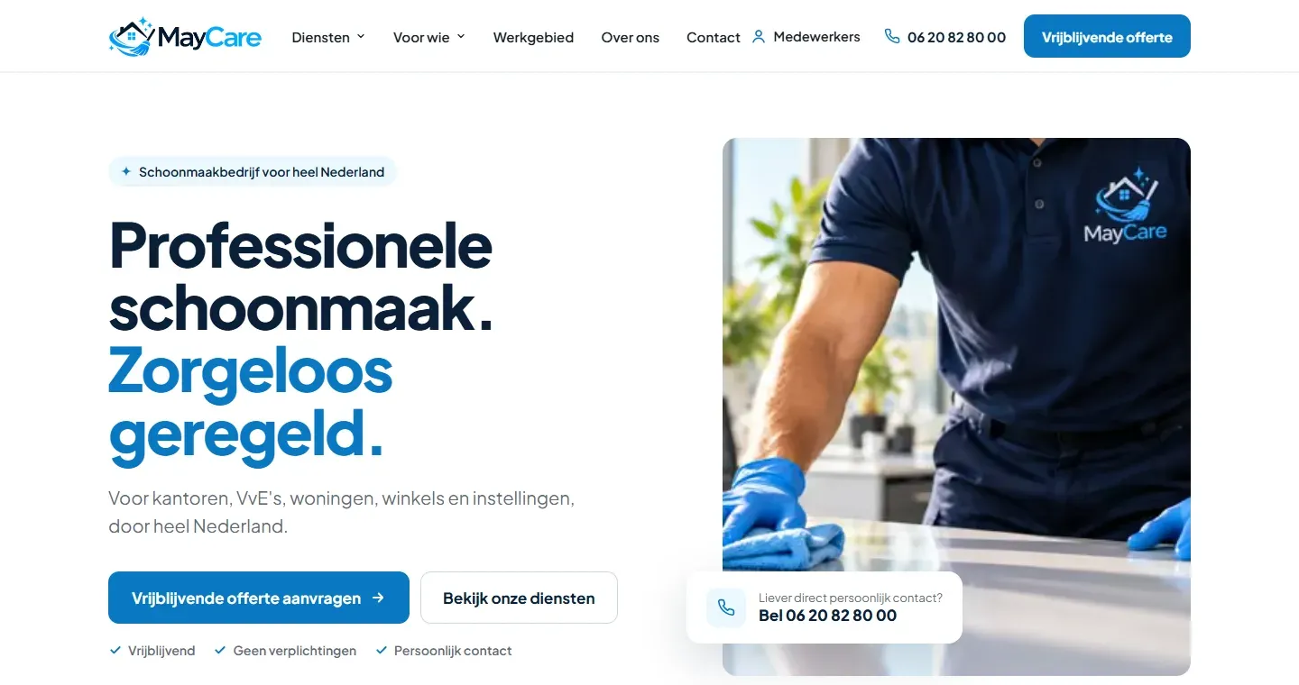 Schoonmaakbedrijf MayCare — Website met 18 werkgebiedpagina's en eigen planning-app (PWA)